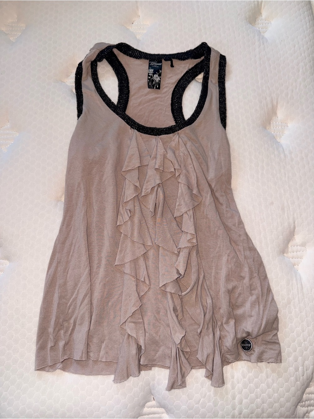 9. Guess Taupe Ruffle Front Tank with Black Trim